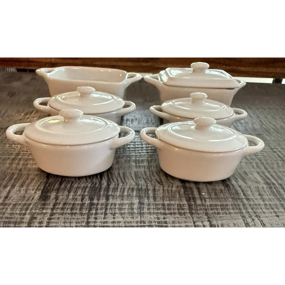 White Essentials Mini Cocotte Style Dishes 6 Ceramic Pots 5 Lids‎ White